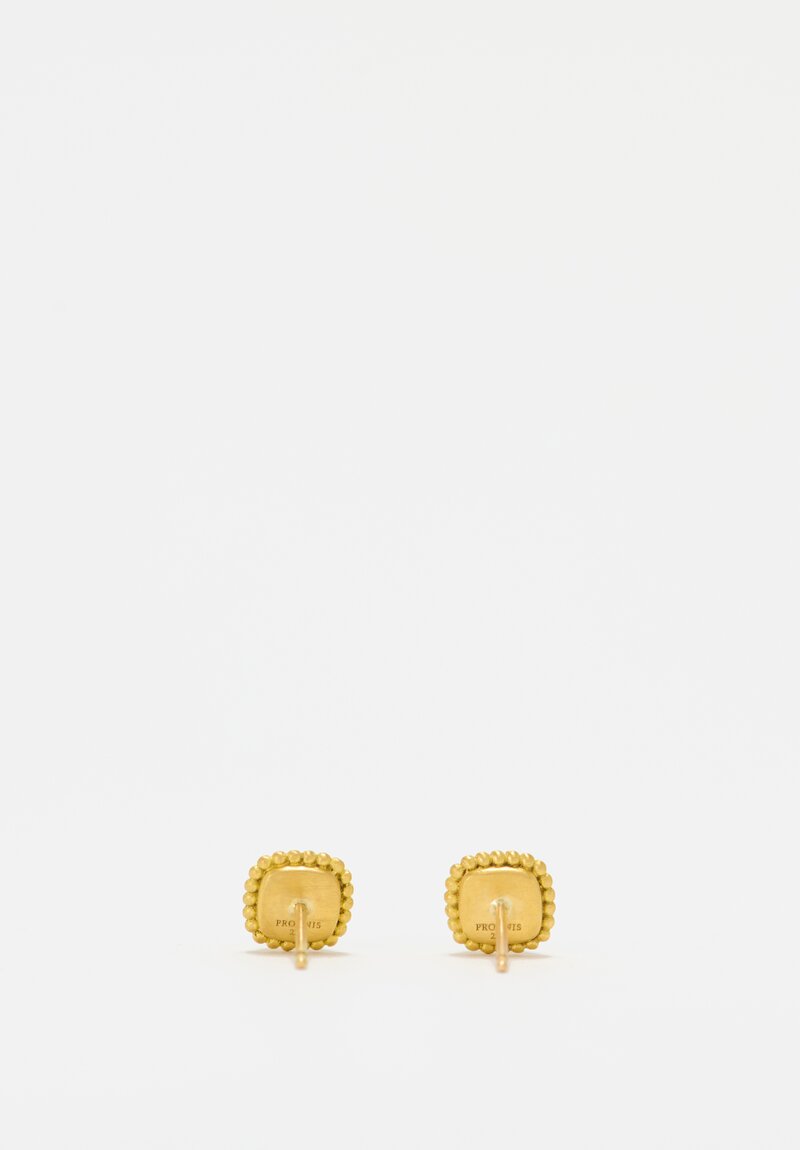 Prounis 22K Square Cabochon Emerald Granulated Stud Earrings 9x9 mm