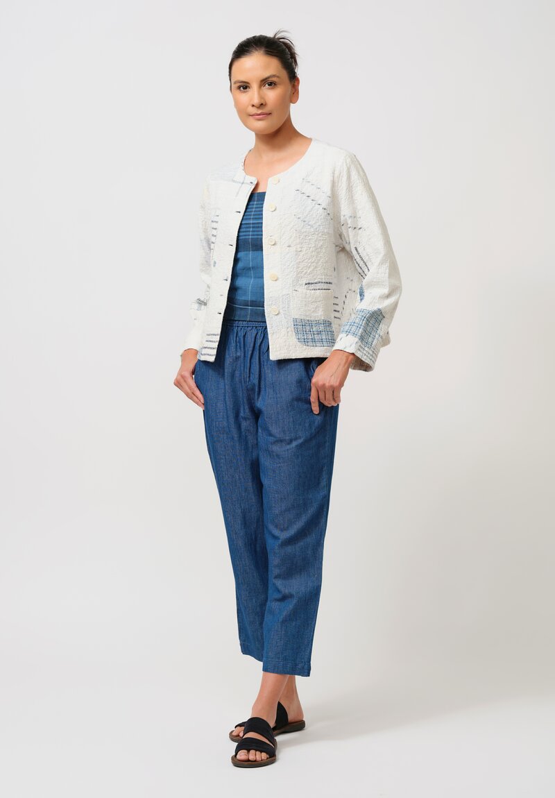 Maku Cotton Boro Kantha Quilted Jacket in White & Indigo Plaid