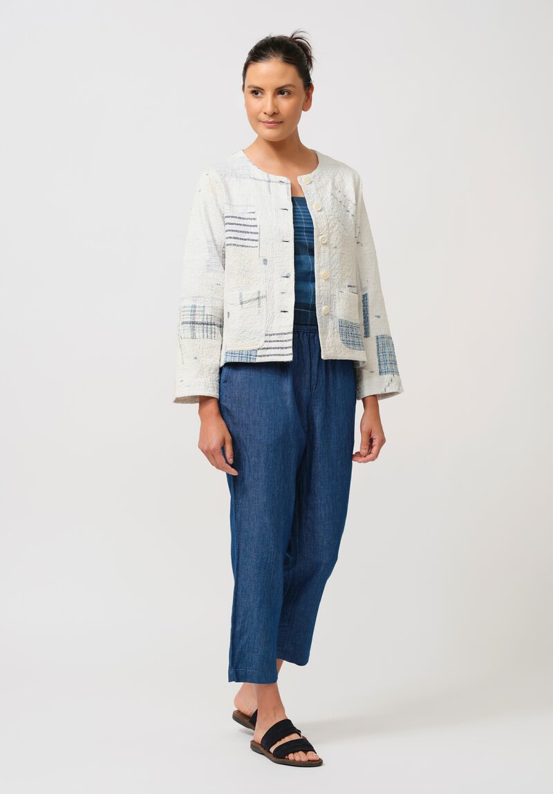 Maku Cotton Boro Kantha Quilted Jacket in White & Indigo Plaid