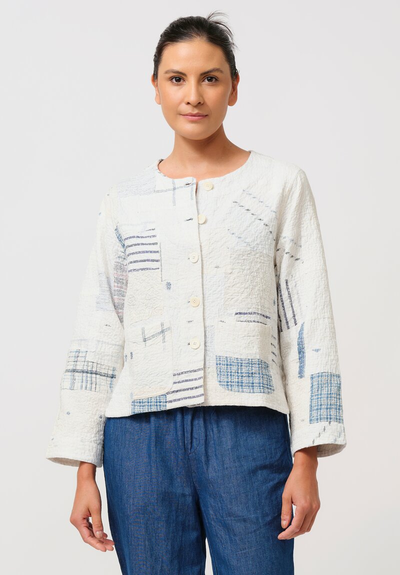 Maku Cotton Boro Kantha Quilted Jacket in White & Indigo Plaid
