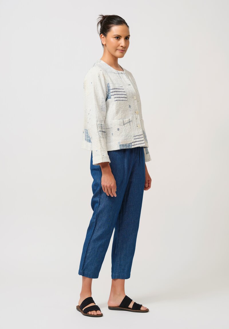 Maku Cotton Boro Kantha Quilted Jacket in White & Indigo Plaid