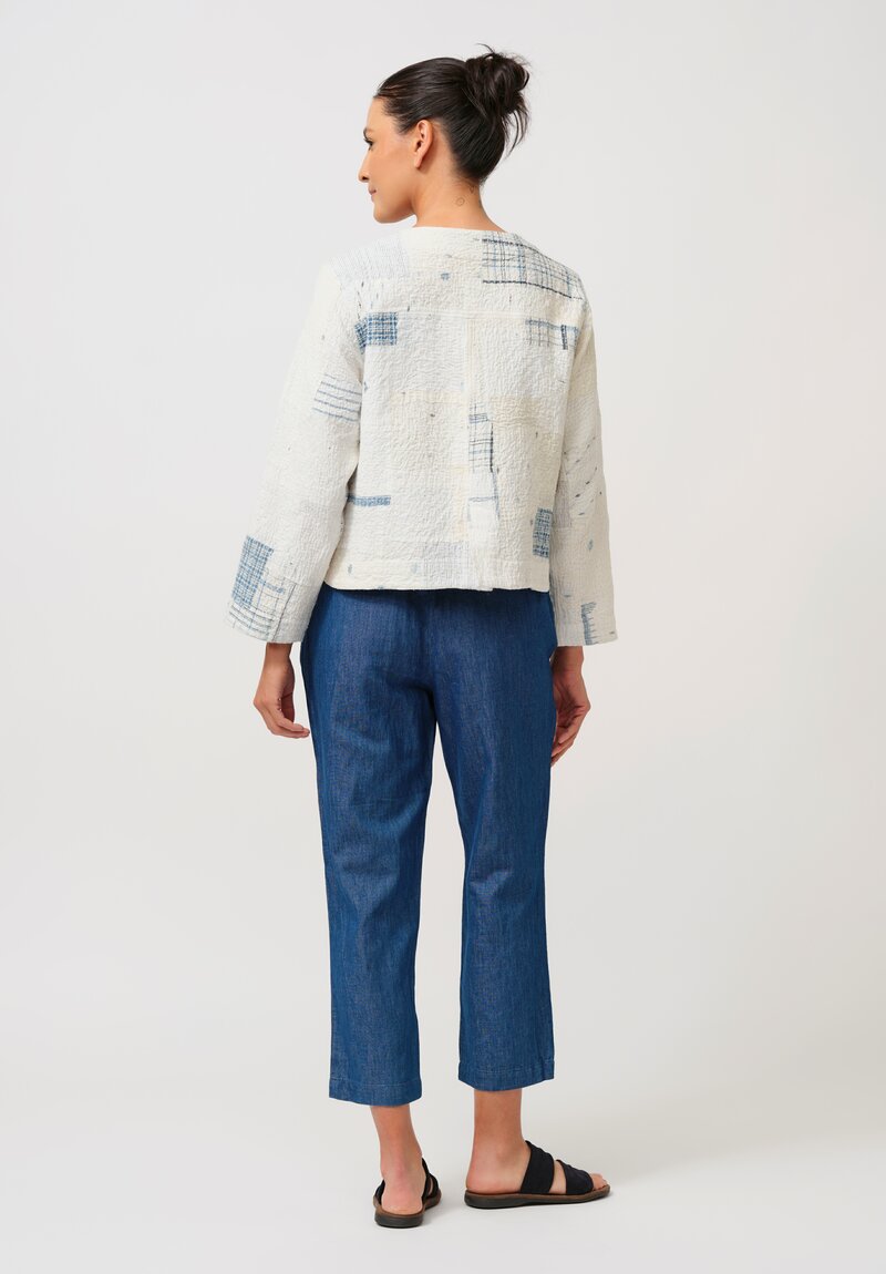 Maku Cotton Boro Kantha Quilted Jacket in White & Indigo Plaid