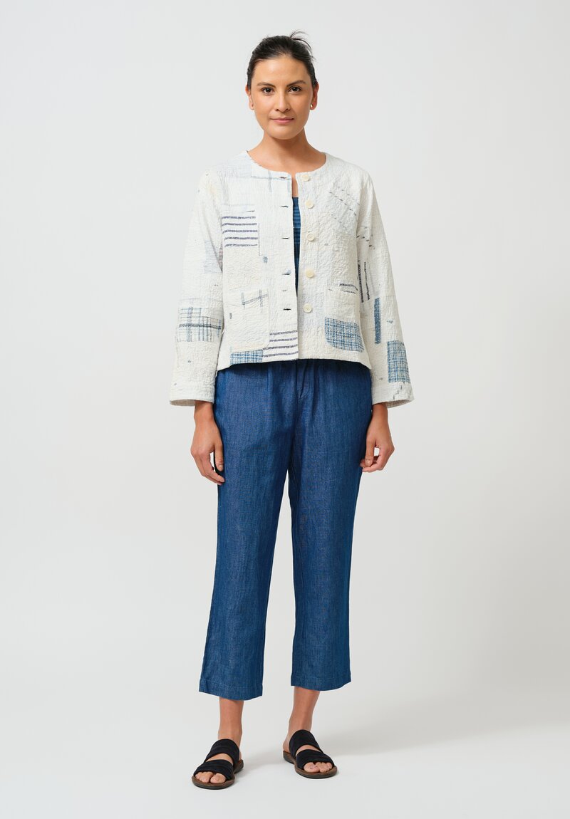 Maku Cotton Boro Kantha Quilted Jacket in White & Indigo Plaid