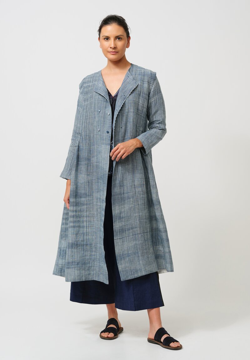 Maku Linen Double-Breasted Diana Dress Coat in Indigo Plaid