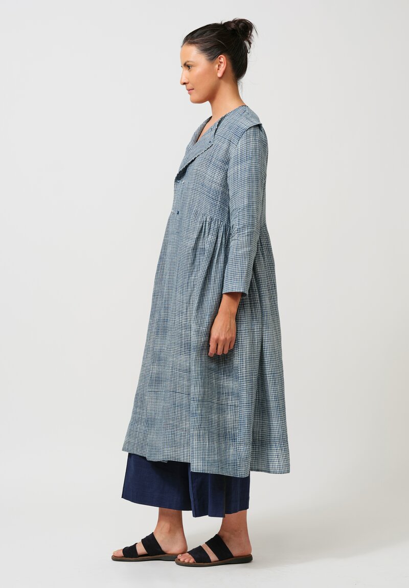 Maku Linen Double-Breasted Diana Dress Coat in Indigo Plaid