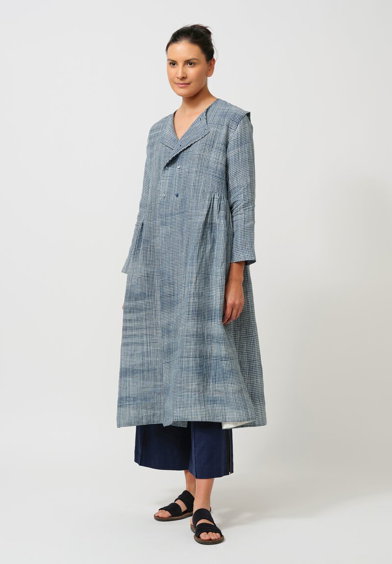 Maku Linen Double-Breasted Diana Dress Coat in Indigo Plaid