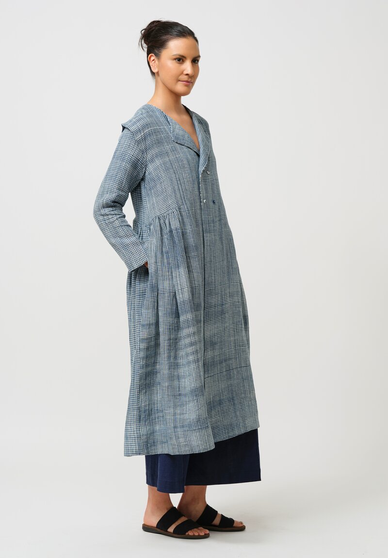 Maku Linen Double-Breasted Diana Dress Coat in Indigo Plaid