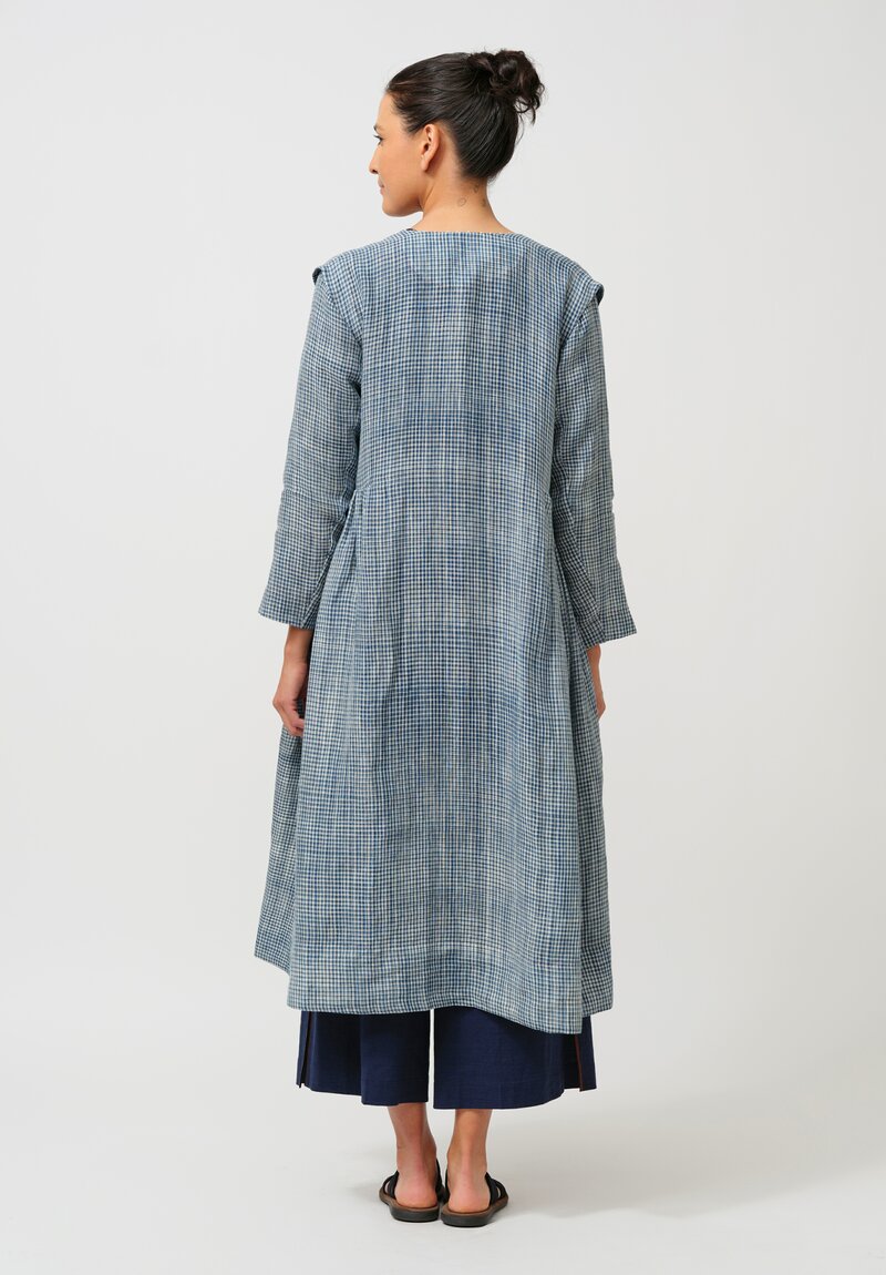 Maku Linen Double-Breasted Diana Dress Coat in Indigo Plaid
