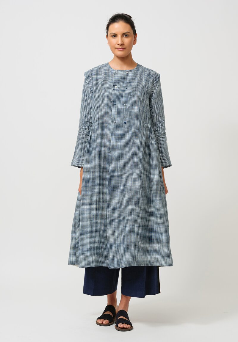 Maku Linen Double-Breasted Diana Dress Coat in Indigo Plaid