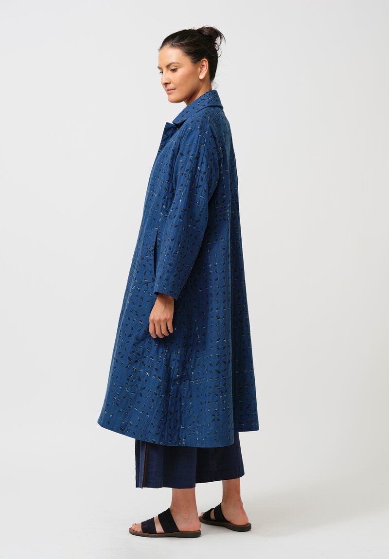 Maku Cotton Natsu Underlined Eyelet Coat in Indigo & Blue Plaid
