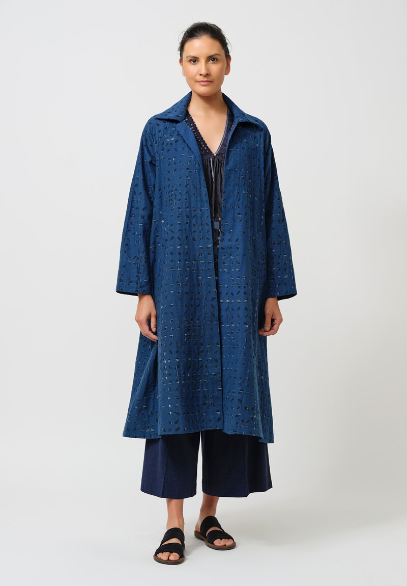 Maku Cotton Natsu Underlined Eyelet Coat in Indigo & Blue Plaid