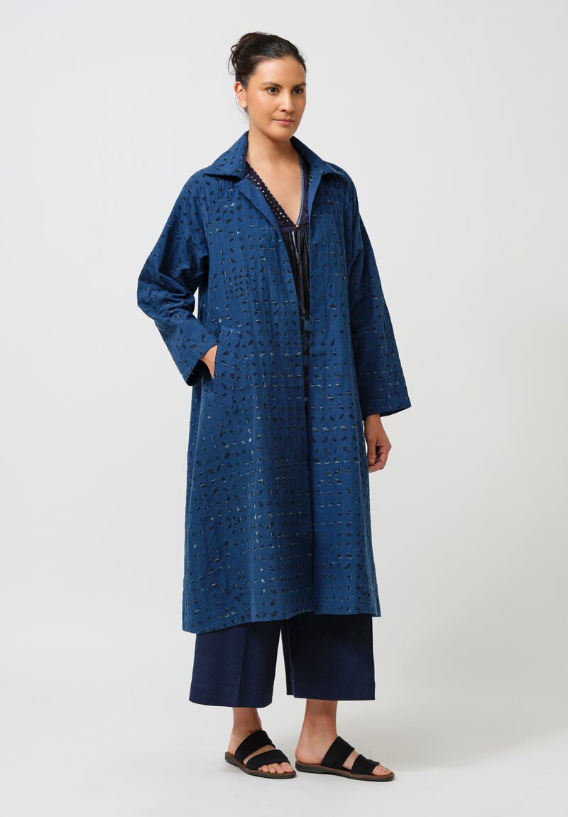 Maku Cotton Natsu Underlined Eyelet Coat in Indigo & Blue Plaid