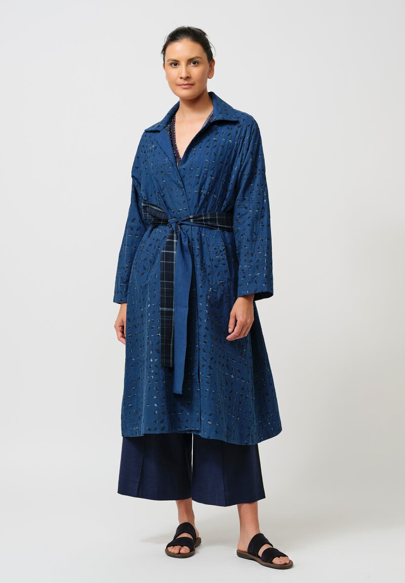 Maku Cotton Natsu Underlined Eyelet Coat in Indigo & Blue Plaid