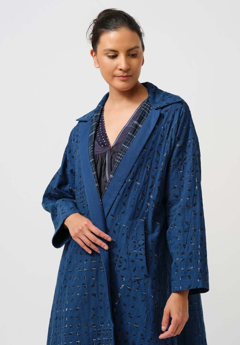 Maku Cotton Natsu Underlined Eyelet Coat in Indigo & Blue Plaid