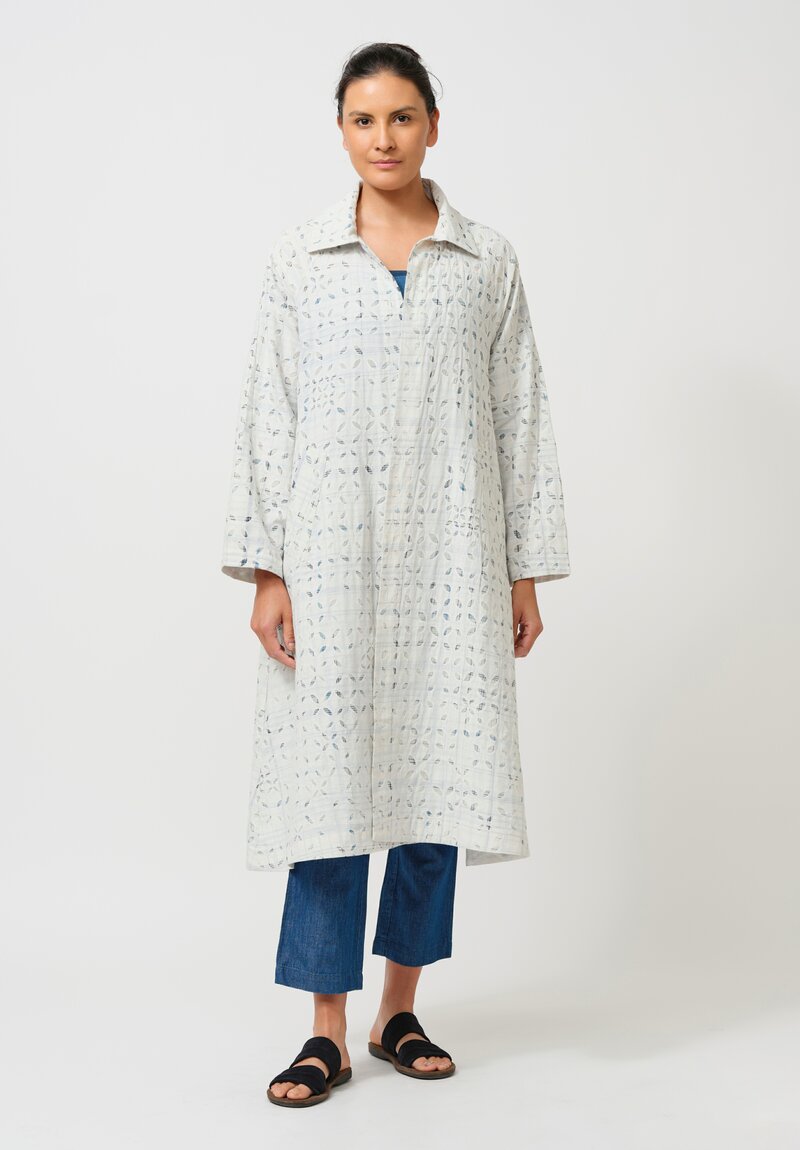 Maku Cotton Natsu Underlined Eyelet Coat in White & Blue Plaid