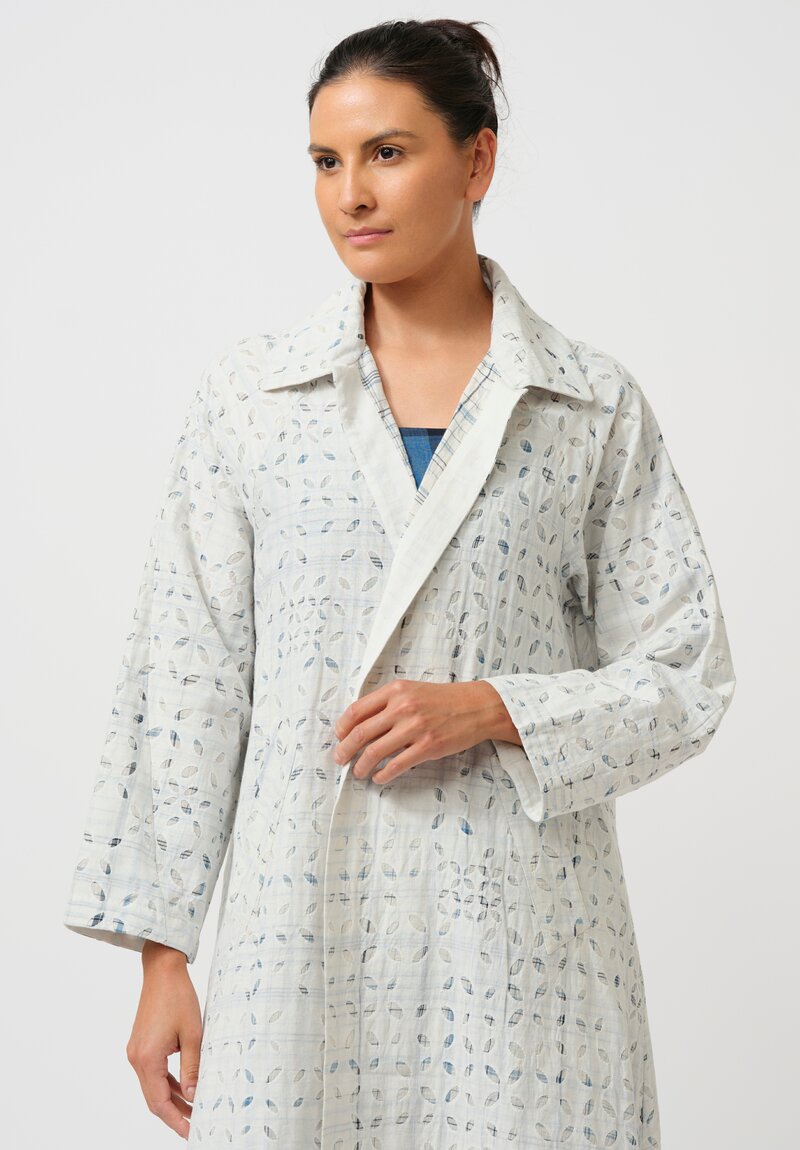 Maku Cotton Natsu Underlined Eyelet Coat in White & Blue Plaid