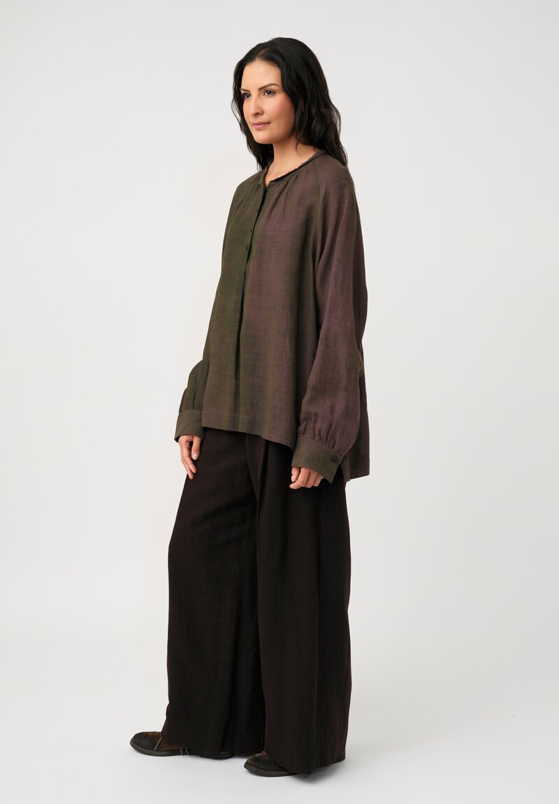 Ziggy Chen Cotton Half-Placket Top in Kombu Green & Purple