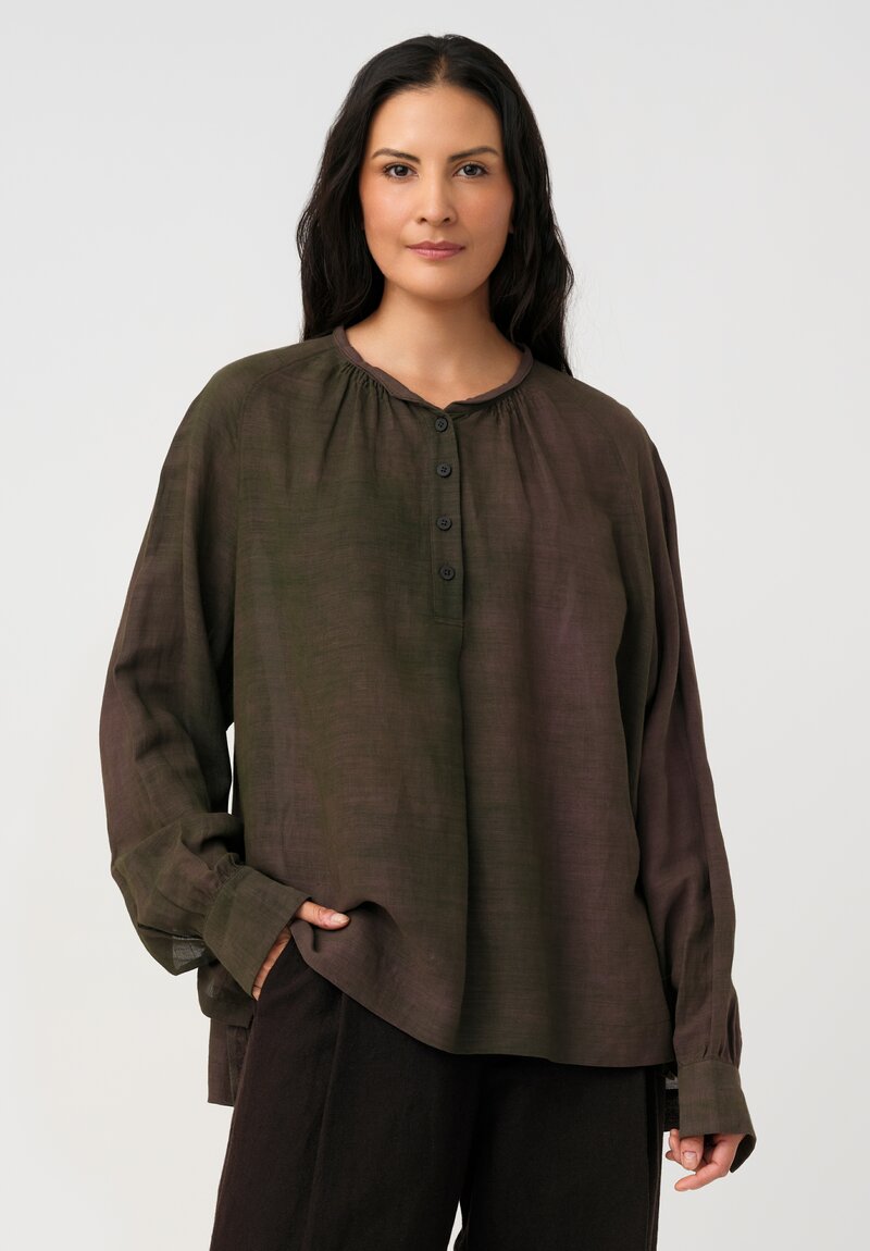 Ziggy Chen Cotton Half-Placket Top in Kombu Green & Purple