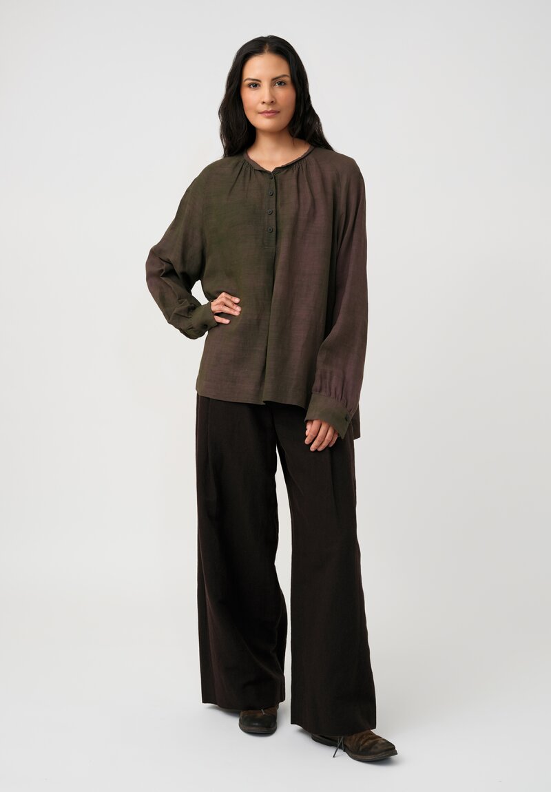 Ziggy Chen Cotton Half-Placket Top in Kombu Green & Purple