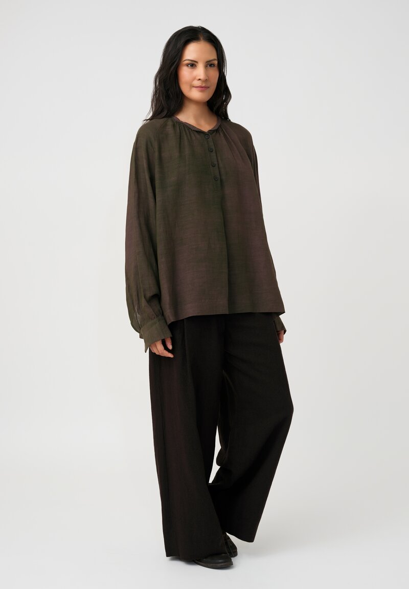 Ziggy Chen Cotton Half-Placket Top in Kombu Green & Purple