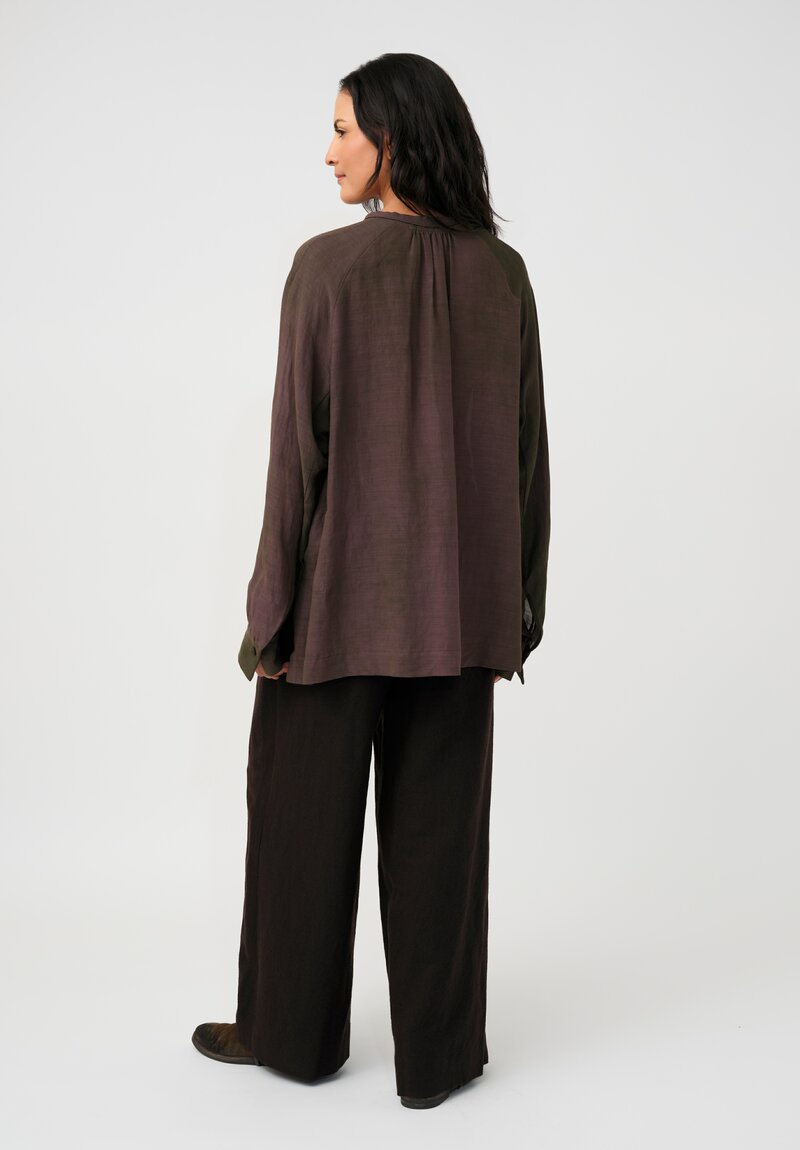 Ziggy Chen Cotton Half-Placket Top in Kombu Green & Purple