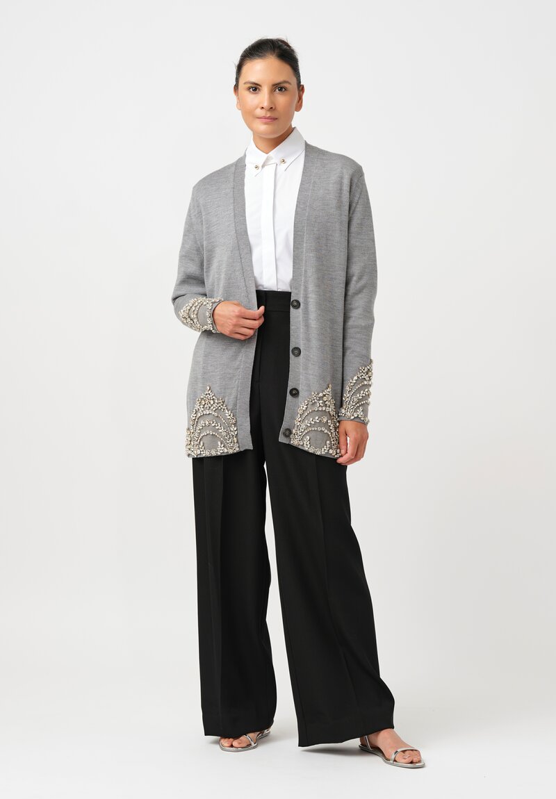 Erdem Crystal Embroidered Long Cardigan in Dove Grey