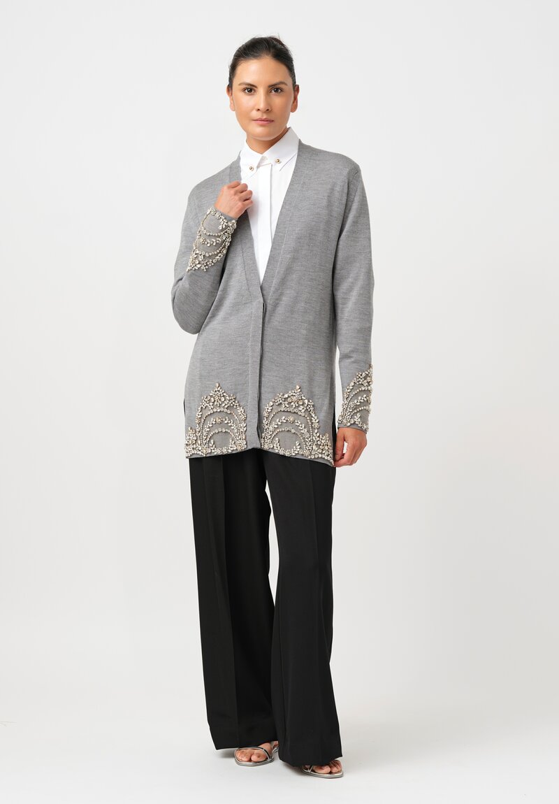 Erdem Crystal Embroidered Long Cardigan in Dove Grey