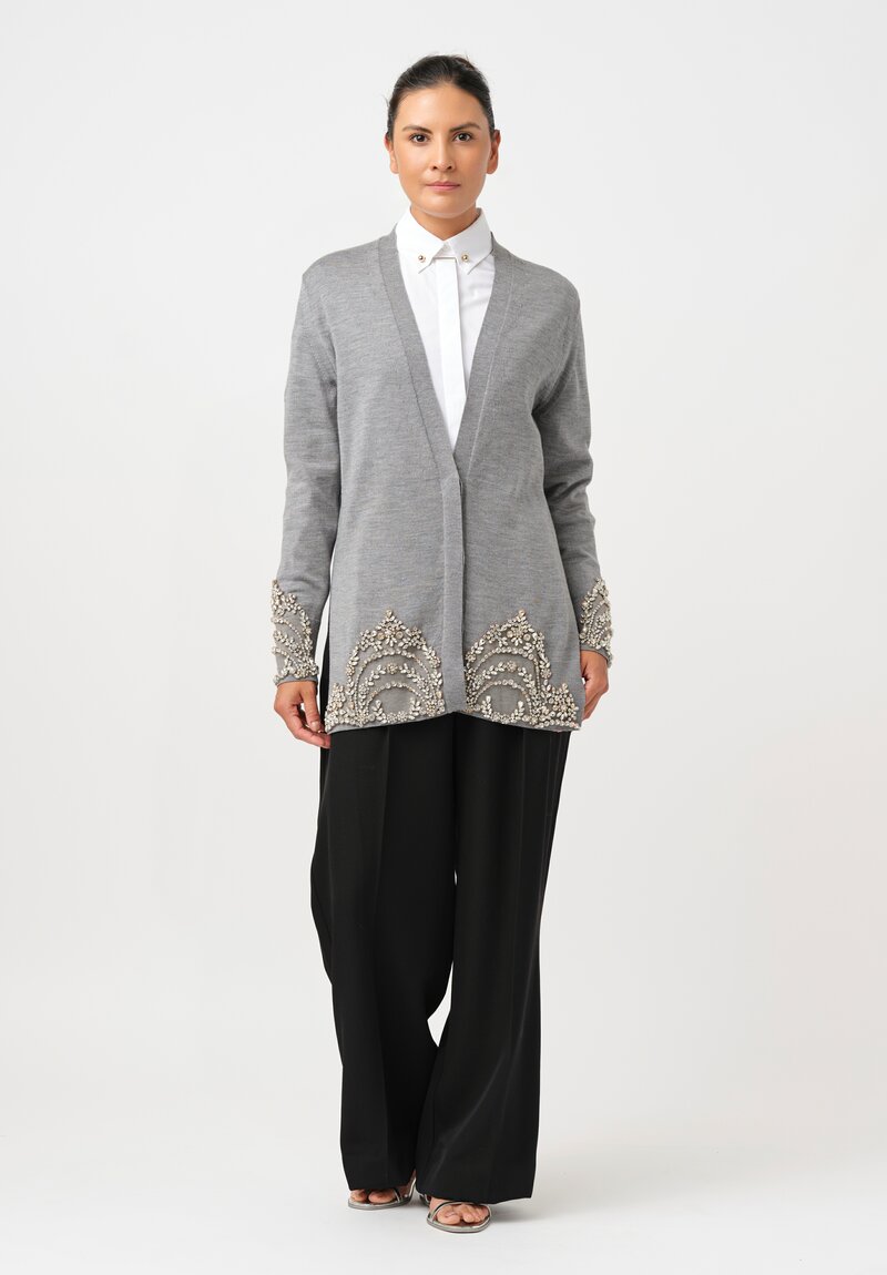 Erdem Crystal Embroidered Long Cardigan in Dove Grey