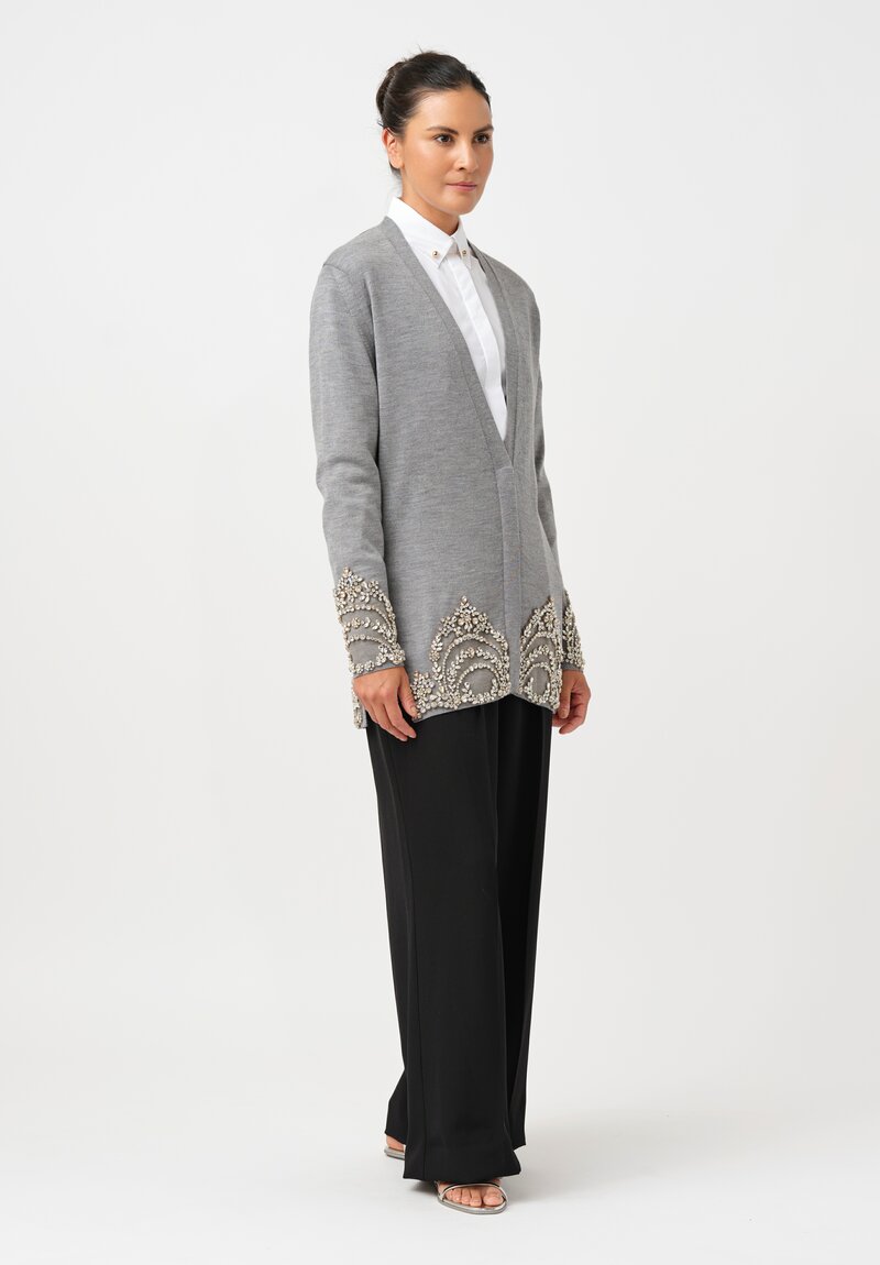 Erdem Crystal Embroidered Long Cardigan in Dove Grey
