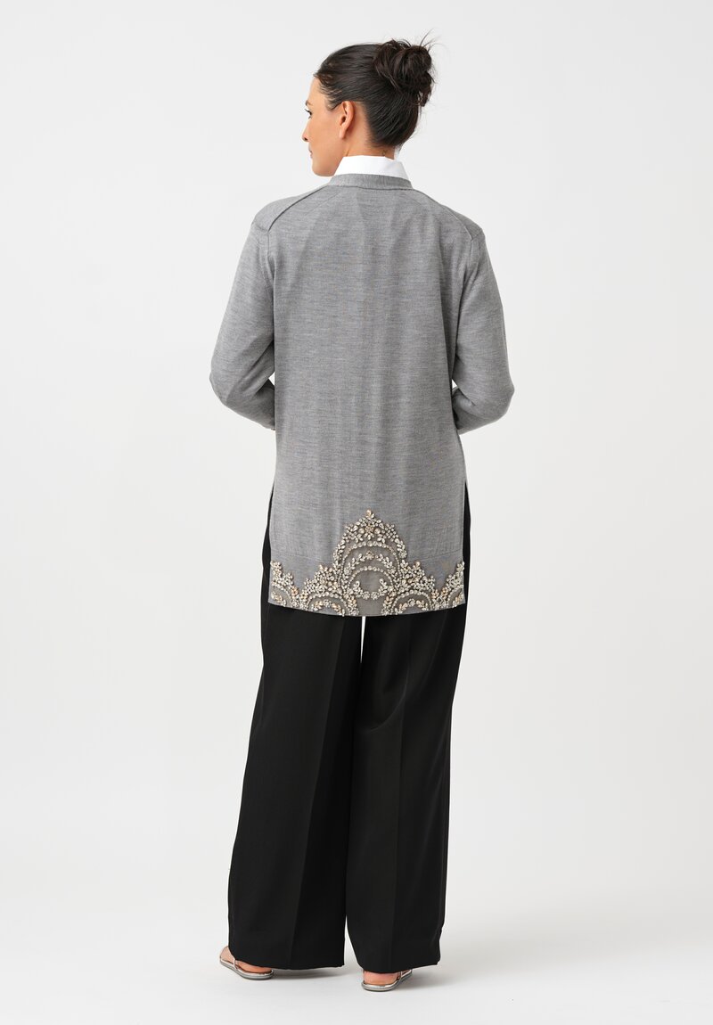 Erdem Crystal Embroidered Long Cardigan in Dove Grey