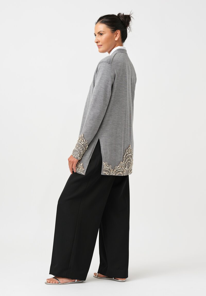 Erdem Crystal Embroidered Long Cardigan in Dove Grey