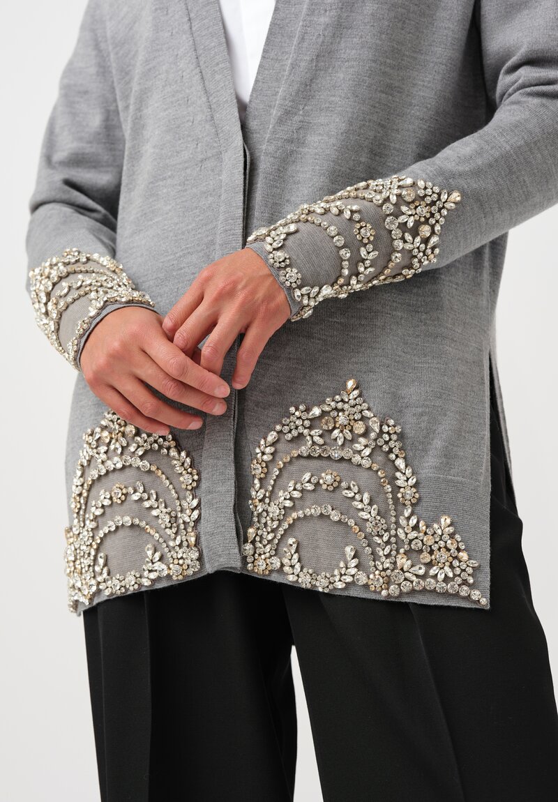 Erdem Crystal Embroidered Long Cardigan in Dove Grey