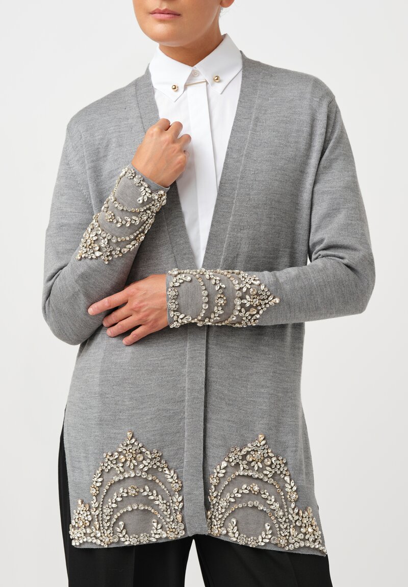 Erdem Crystal Embroidered Long Cardigan in Dove Grey