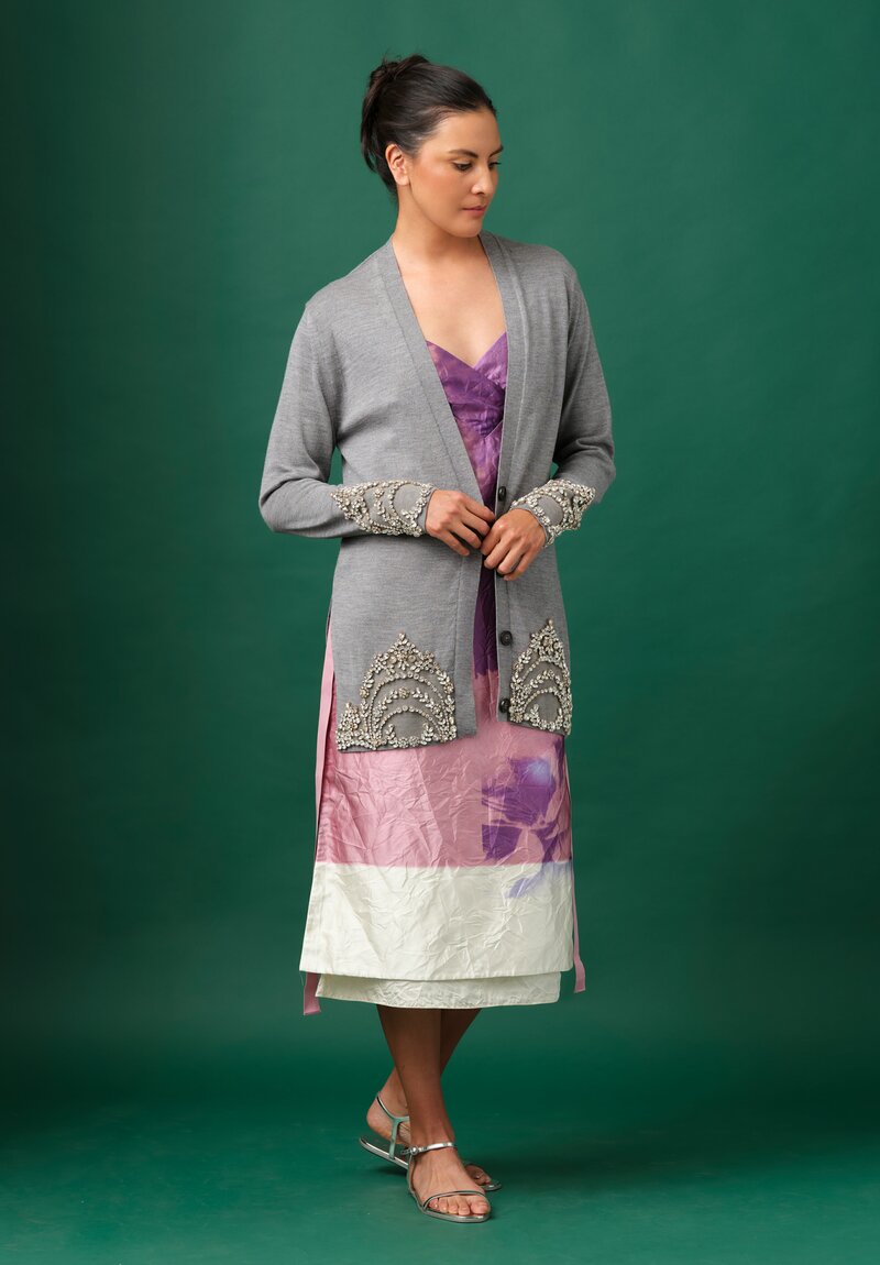 Erdem Crystal Embroidered Long Cardigan in Dove Grey