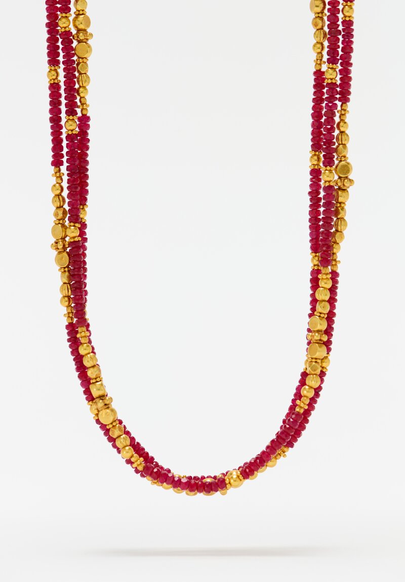 Greig Porter 3-Strand 18K Starburst Faceted Rounds & Ruby Beaded Necklace 21.5"