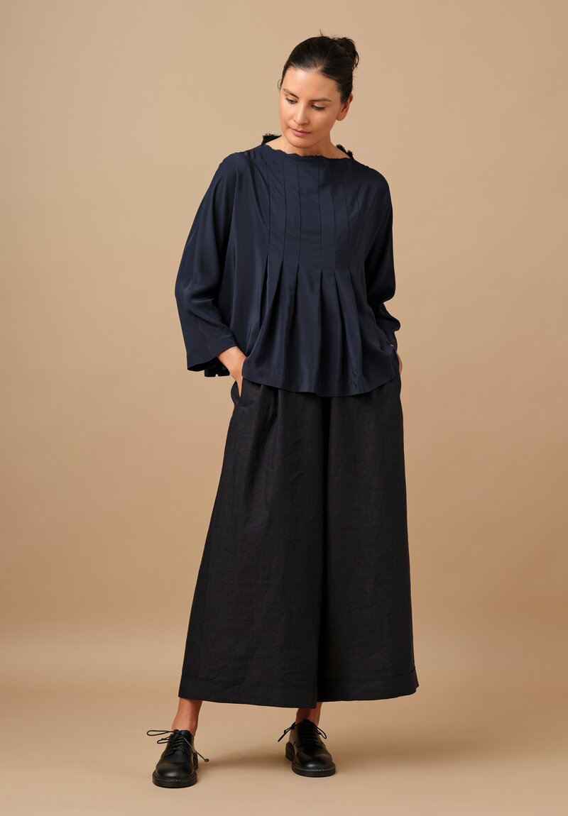 Daniela Gregis Silk Rondine Pleated Top in Navy Blue