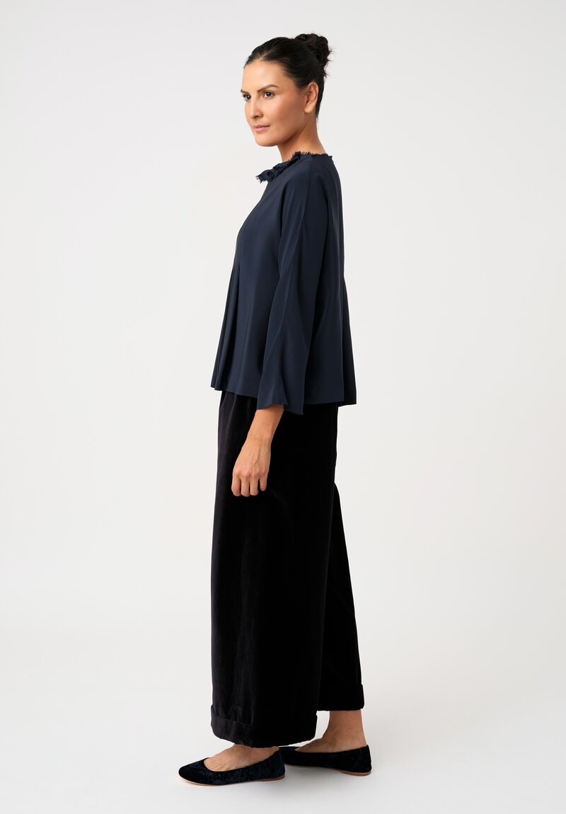 Daniela Gregis Silk Rondine Pleated Top in Navy Blue