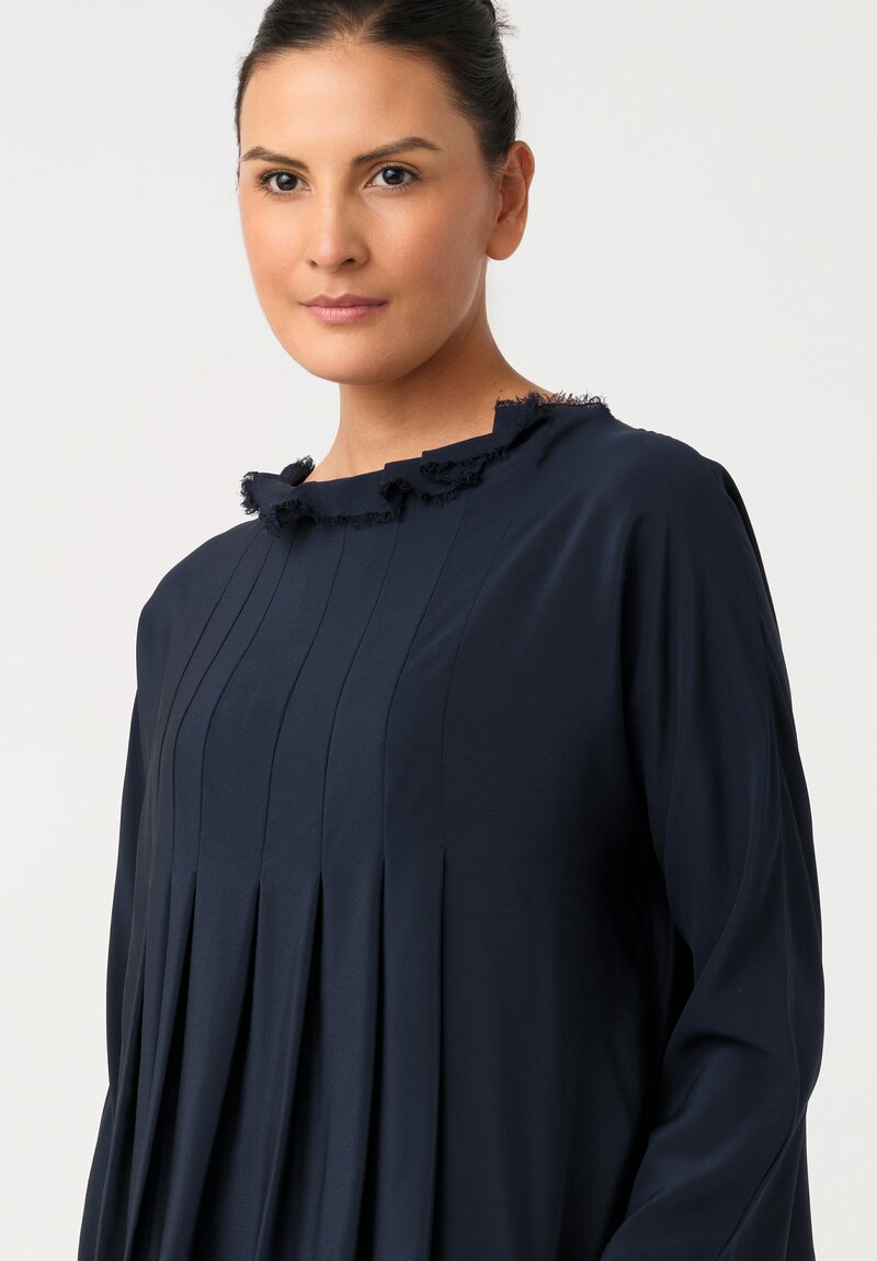 Daniela Gregis Silk Rondine Pleated Top in Navy Blue