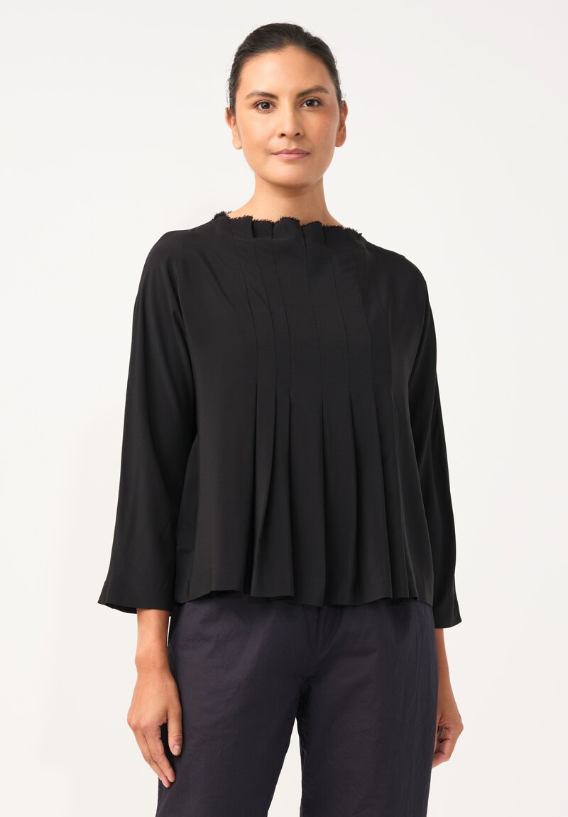 Daniela Gregis Silk Rondine Pleated Top in Jet Black
