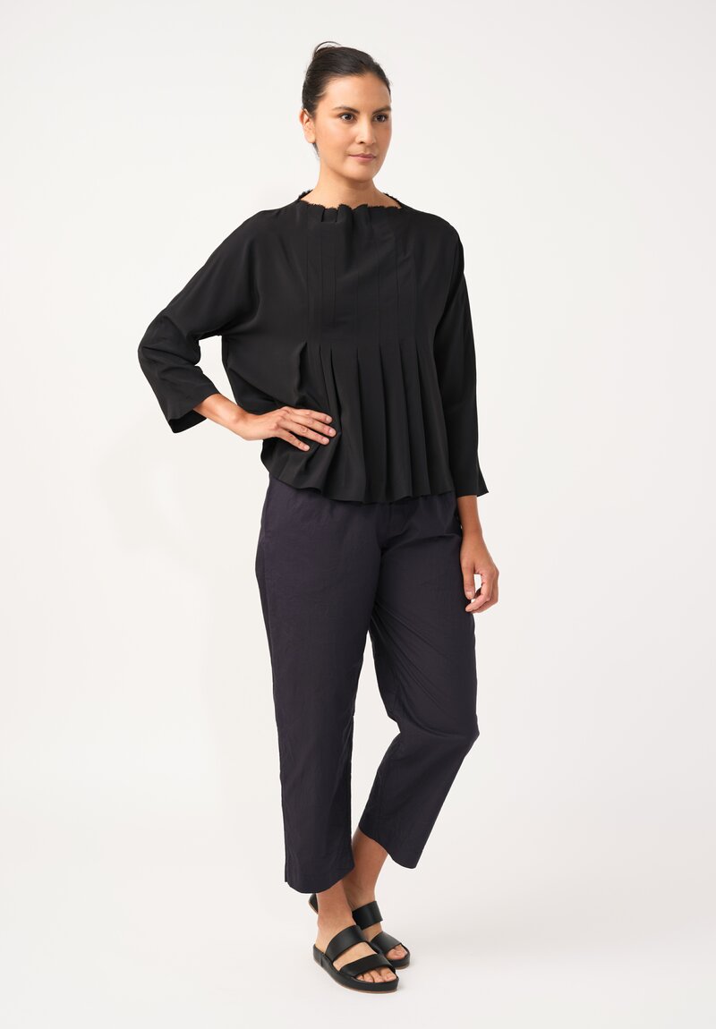 Daniela Gregis Silk Rondine Pleated Top in Jet Black