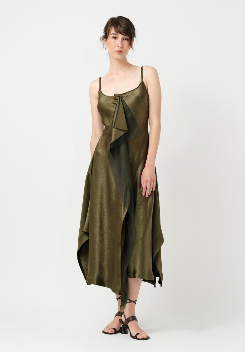 Jason Wu Crinkled Satin Bias Cut Waterfall Slip Dress in Olive Green