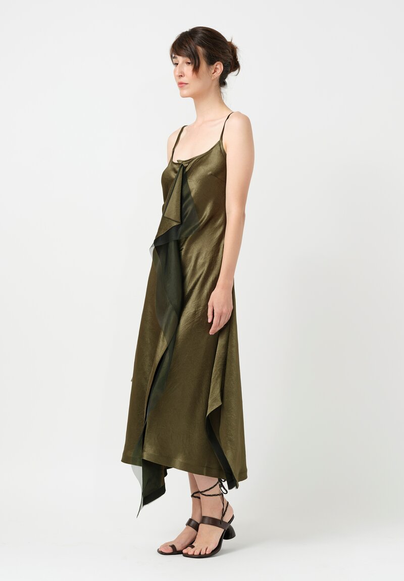 Jason Wu Crinkled Satin Bias Cut Waterfall Slip Dress in Olive Green