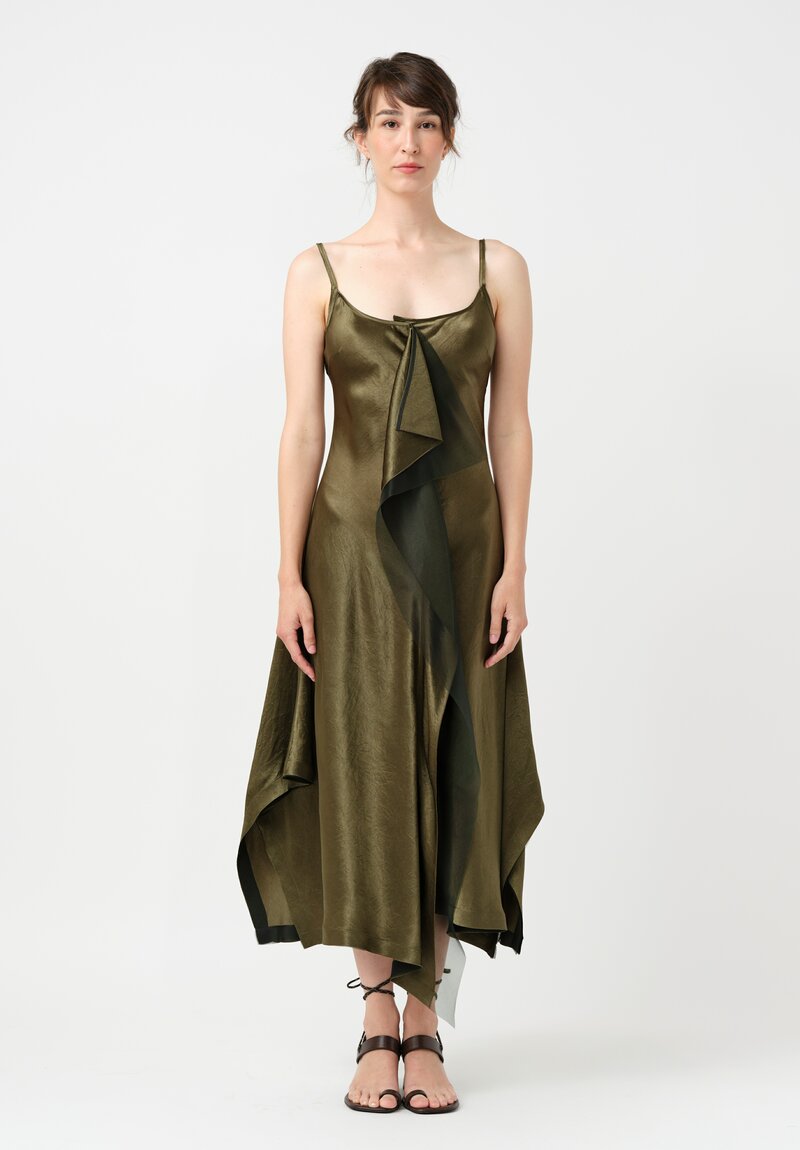 Jason Wu Crinkled Satin Bias Cut Waterfall Slip Dress in Olive Green