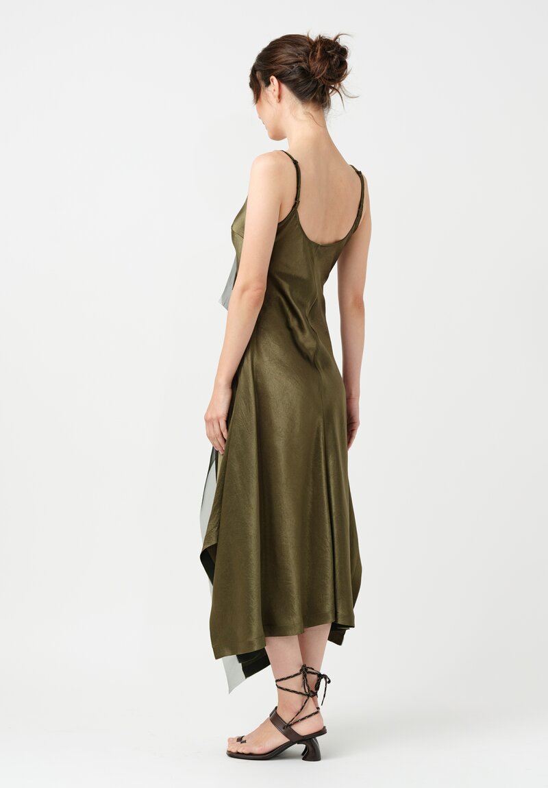 Jason Wu Crinkled Satin Bias Cut Waterfall Slip Dress in Olive Green