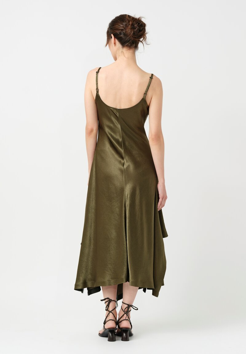 Jason Wu Crinkled Satin Bias Cut Waterfall Slip Dress in Olive Green