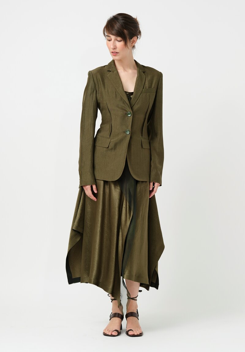 Jason Wu Crinkled Satin Bias Cut Waterfall Slip Dress in Olive Green