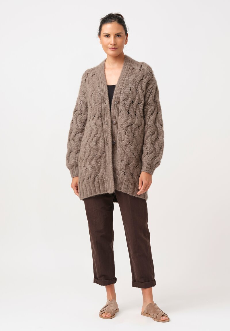 Iris Von Arnim Cashmere & Silk Hand-Knit Helge Cardigan Coat in Taupe Brown
