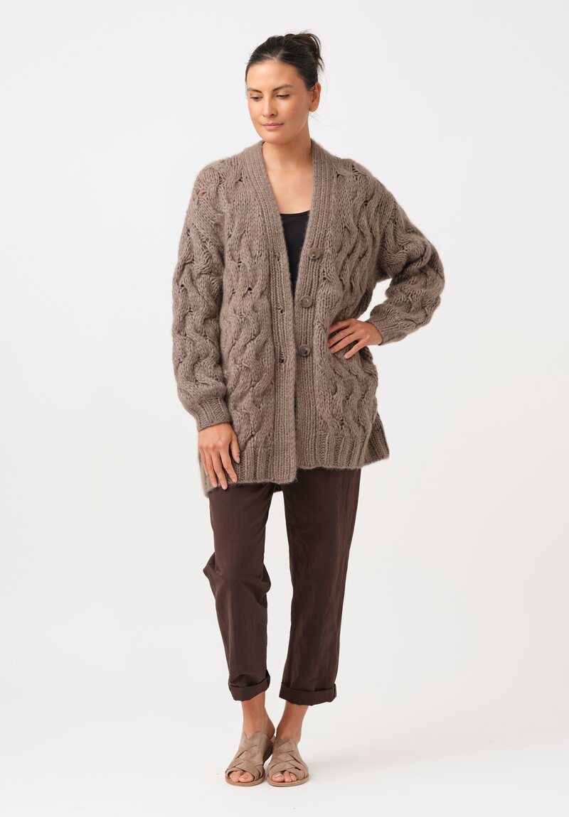 Iris Von Arnim Cashmere & Silk Hand-Knit Helge Cardigan Coat in Taupe Brown