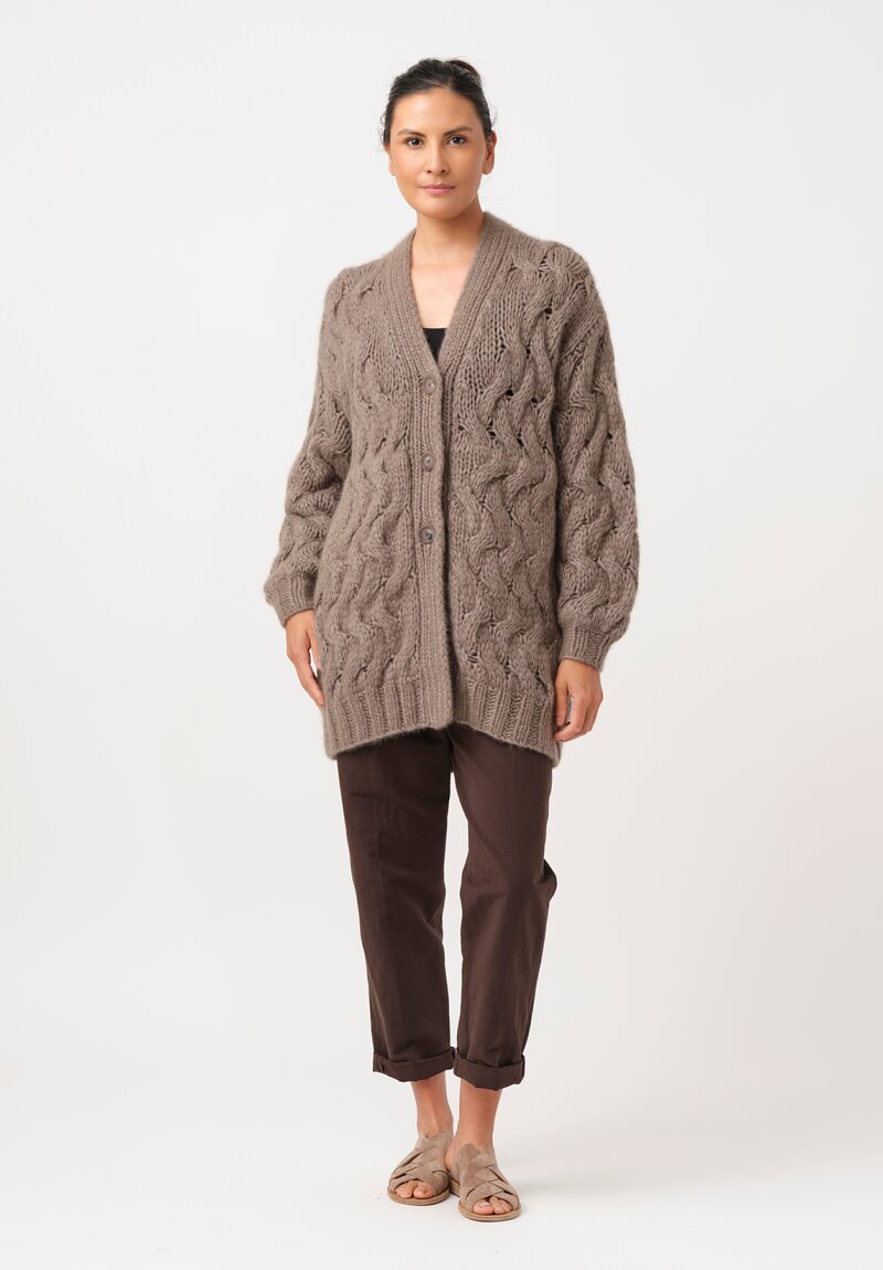 Iris Von Arnim Cashmere & Silk Hand-Knit Helge Cardigan Coat in Taupe Brown