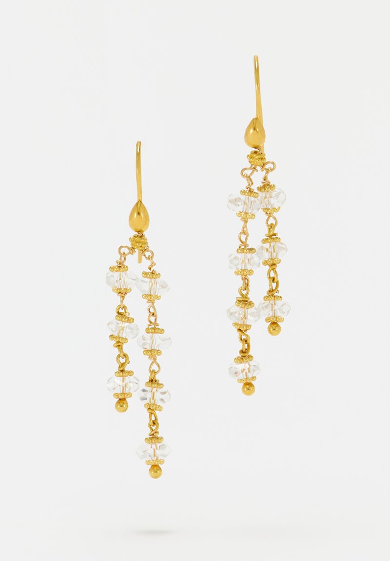 Greig Porter 18K Gold Dotted Disc & Herkimer Diamond Quartz Double Strand Earrings